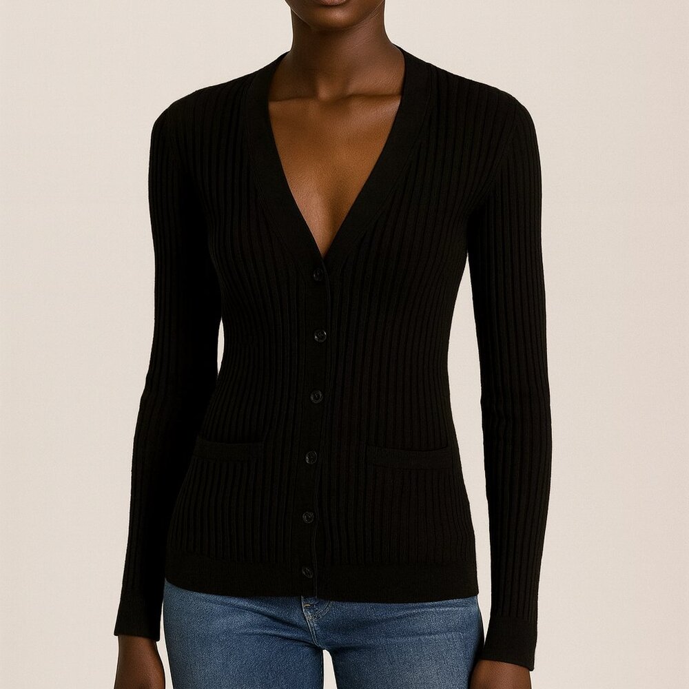 Vince Ribbed Black Cardigan